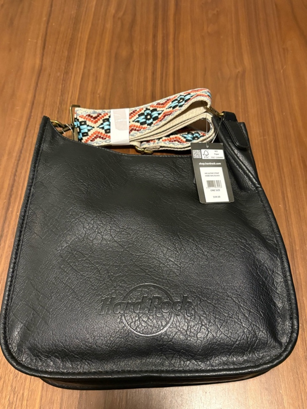 Hard Rock Cafe Black Faux-Leather Shoulder Bag with Patterned Woven Strap